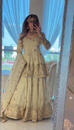 Cream Color Chinon Fabric Bead Work With Real Mirror Work Top Lehenga