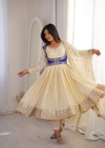 Cream Color Chinon Silk Fabric Sequence Work Koti Style Anarkali Suit