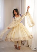 Cream Color Chinon Silk Fabric Sequence Work Koti Style Anarkali Suit