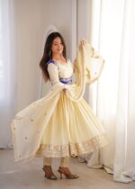 Cream Color Chinon Silk Fabric Sequence Work Koti Style Anarkali Suit