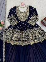 Dark Navy Blue Color Faux Georgette Fabric Sequence With Coding Work Top Lehenga Set