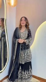 Dark Navy Blue Color Faux Georgette Fabric Sequence With Coding Work Top Lehenga Set