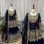Dark Navy Blue Color Faux Georgette Fabric Sequence With Coding Work Top Lehenga Set