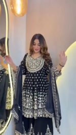 Dark Navy Blue Color Faux Georgette Fabric Sequence With Coding Work Top Lehenga Set