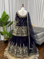 Dark Navy Blue Color Faux Georgette Fabric Sequence With Coding Work Top Lehenga Set