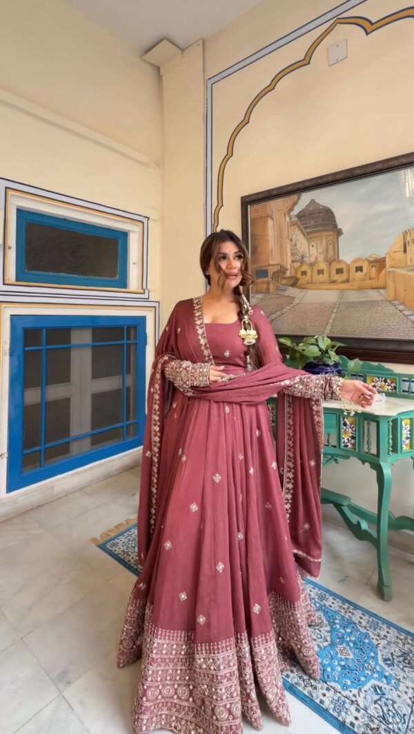 Dark Pink Color Mul Chanderi Silk Fabric Sequence Work Gown