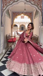 Dark Pink Color Mul Chanderi Silk Fabric Sequence Work Gown