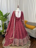 Dark Pink Color Mul Chanderi Silk Fabric Sequence Work Gown
