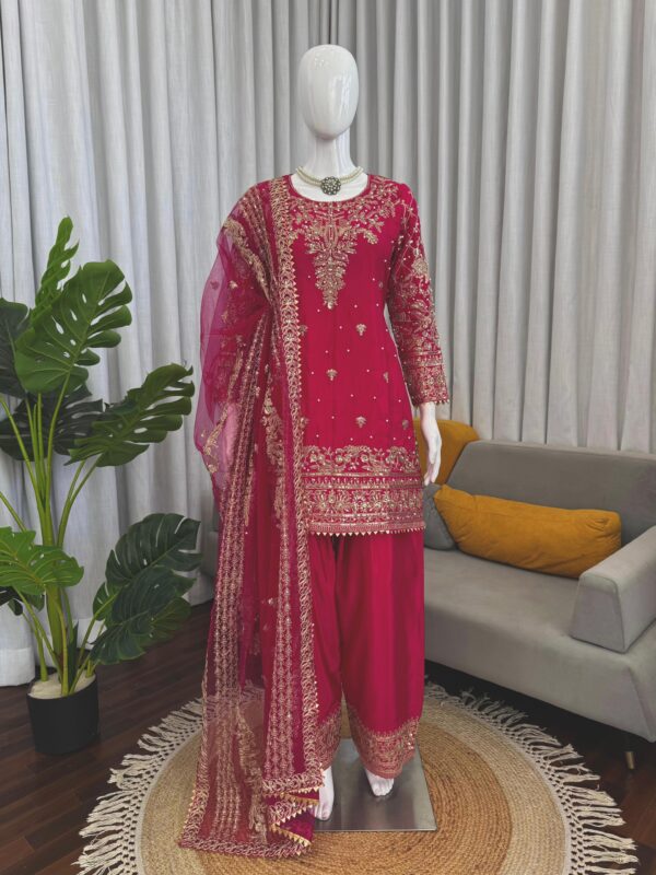 Dark Pink Color Natural Crepe Fabric Sequence With Coding Work Farshi Style Suit