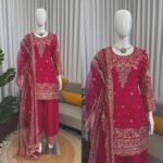 Dark Pink Color Natural Crepe Fabric Sequence With Coding Work Farshi Style Suit