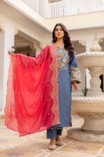 Denim Blue Color Pure Cotton Denim Fabric Real Mirror Work Suit