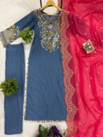 Denim Blue Color Pure Cotton Denim Fabric Real Mirror Work Suit