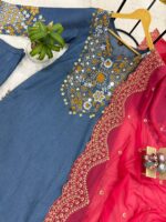 Denim Blue Color Pure Cotton Denim Fabric Real Mirror Work Suit