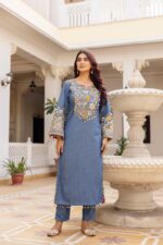 Denim Blue Color Pure Cotton Denim Fabric Real Mirror Work Suit