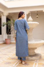 Denim Blue Color Pure Cotton Denim Fabric Real Mirror Work Suit