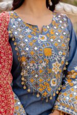 Denim Blue Color Pure Cotton Denim Fabric Real Mirror Work Suit