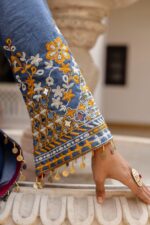 Denim Blue Color Pure Cotton Denim Fabric Real Mirror Work Suit