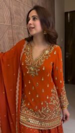 Fanta Color Faux Georgette Fabric Thread With Sequence Work Sharara Set