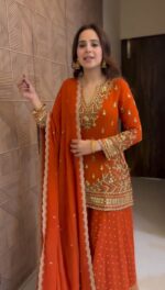 Fanta Color Faux Georgette Fabric Thread With Sequence Work Sharara Set