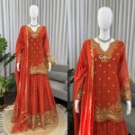 Fanta Color Faux Georgette Fabric Thread With Sequence Work Sharara Set