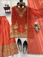 Fanta Color Faux Georgette Fabric Thread With Sequence Work Sharara Set