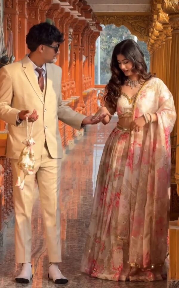 Flower Design White Color Tabby Silk Fabric Sequence With Real Mirror Work Lehenga