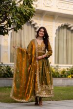 Gold Color Fendi Satin Fabric Embroidery Work Gown