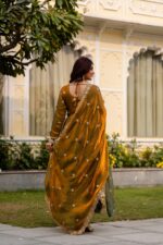 Gold Color Fendi Satin Fabric Embroidery Work Gown