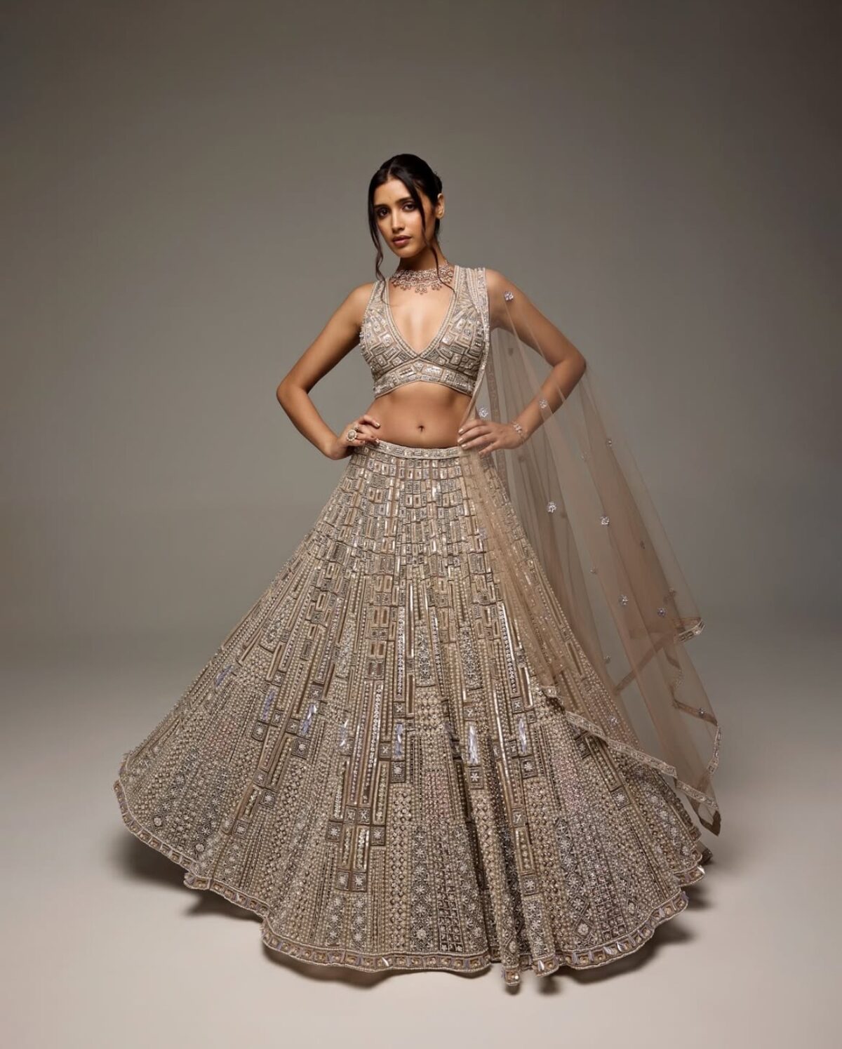 Gold Color Net Fabric Sequence Work Lehenga