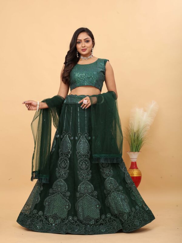 Green Color Net Fabric Sequence With Coding Work Lehenga