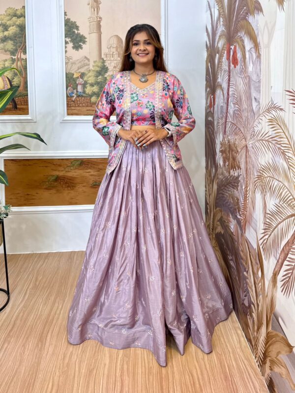 Lavender Color Pure Chinon Fabric Embroidery Work Koti Style Lehenga