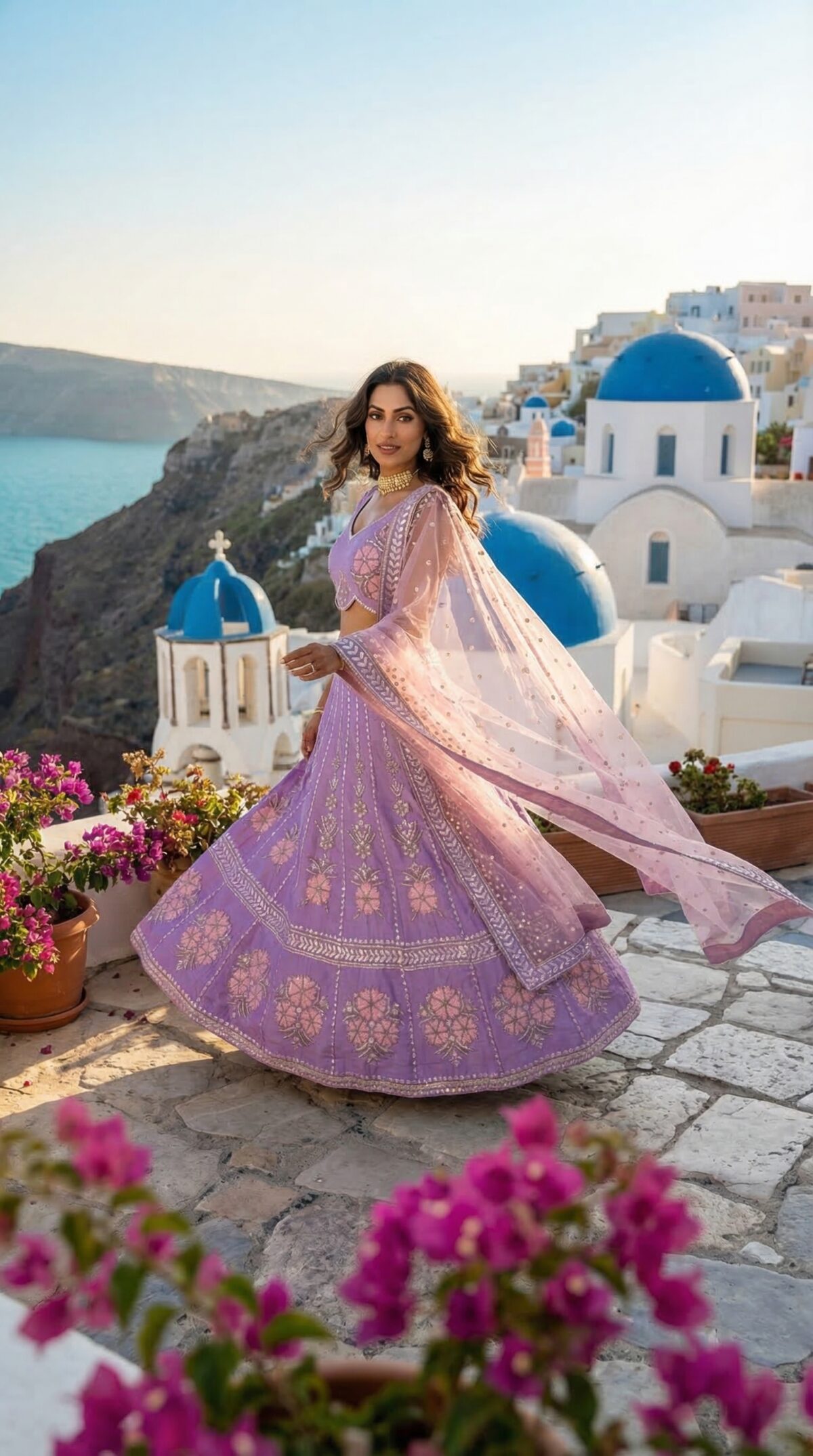 Lavender Color Slub Silk Fabric Rainbow Sequence With Foil Paper Work Lehenga