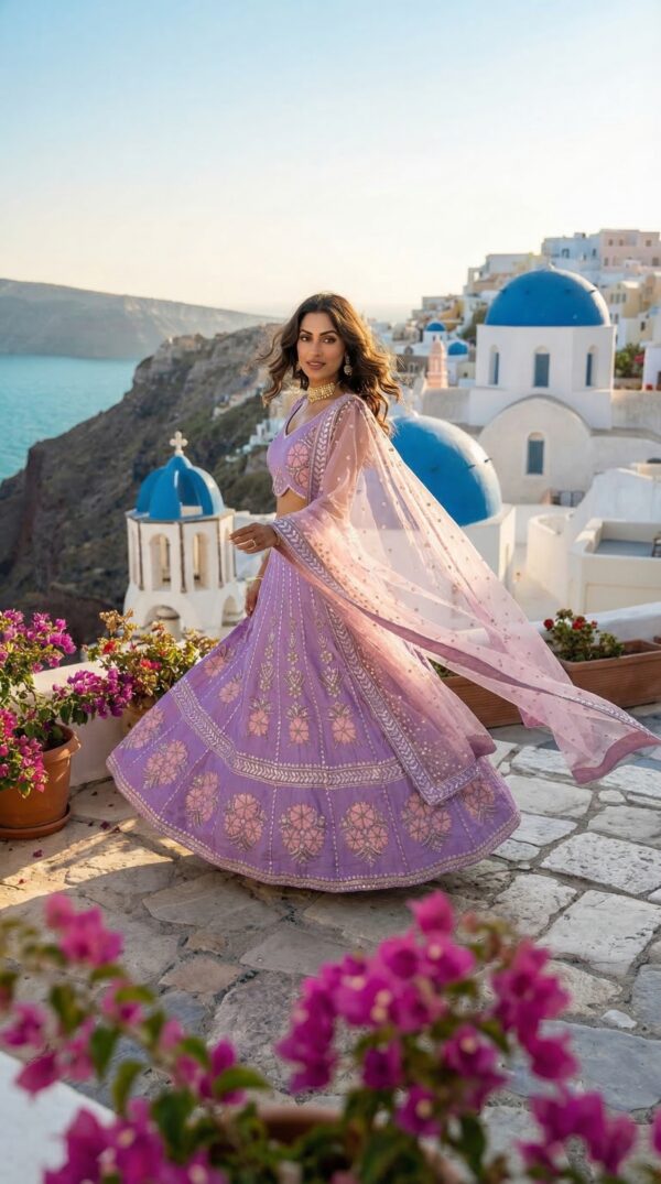 Lavender Color Slub Silk Fabric Rainbow Sequence With Foil Paper Work Lehenga