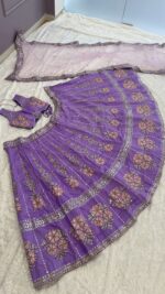 Lavender Color Slub Silk Fabric Rainbow Sequence With Foil Paper Work Lehenga