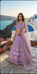 Lavender Color Slub Silk Fabric Rainbow Sequence With Foil Paper Work Lehenga