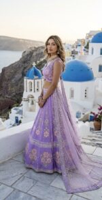 Lavender Color Slub Silk Fabric Rainbow Sequence With Foil Paper Work Lehenga