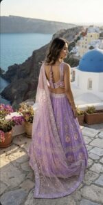 Lavender Color Slub Silk Fabric Rainbow Sequence With Foil Paper Work Lehenga