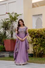 Lavender Color Vichitra Silk Fabric Embroidery Work Gown