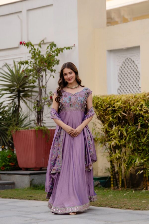 Lavender Color Vichitra Silk Fabric Embroidery Work Gown