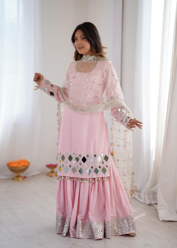 Light Pink Color French Crepe Fabric Real Mirror Work Sharara Suit