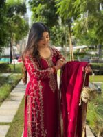 Maroon Color Faux Georgette Fabric Sequence Work Palazzo Suit