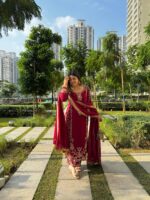 Maroon Color Faux Georgette Fabric Sequence Work Palazzo Suit