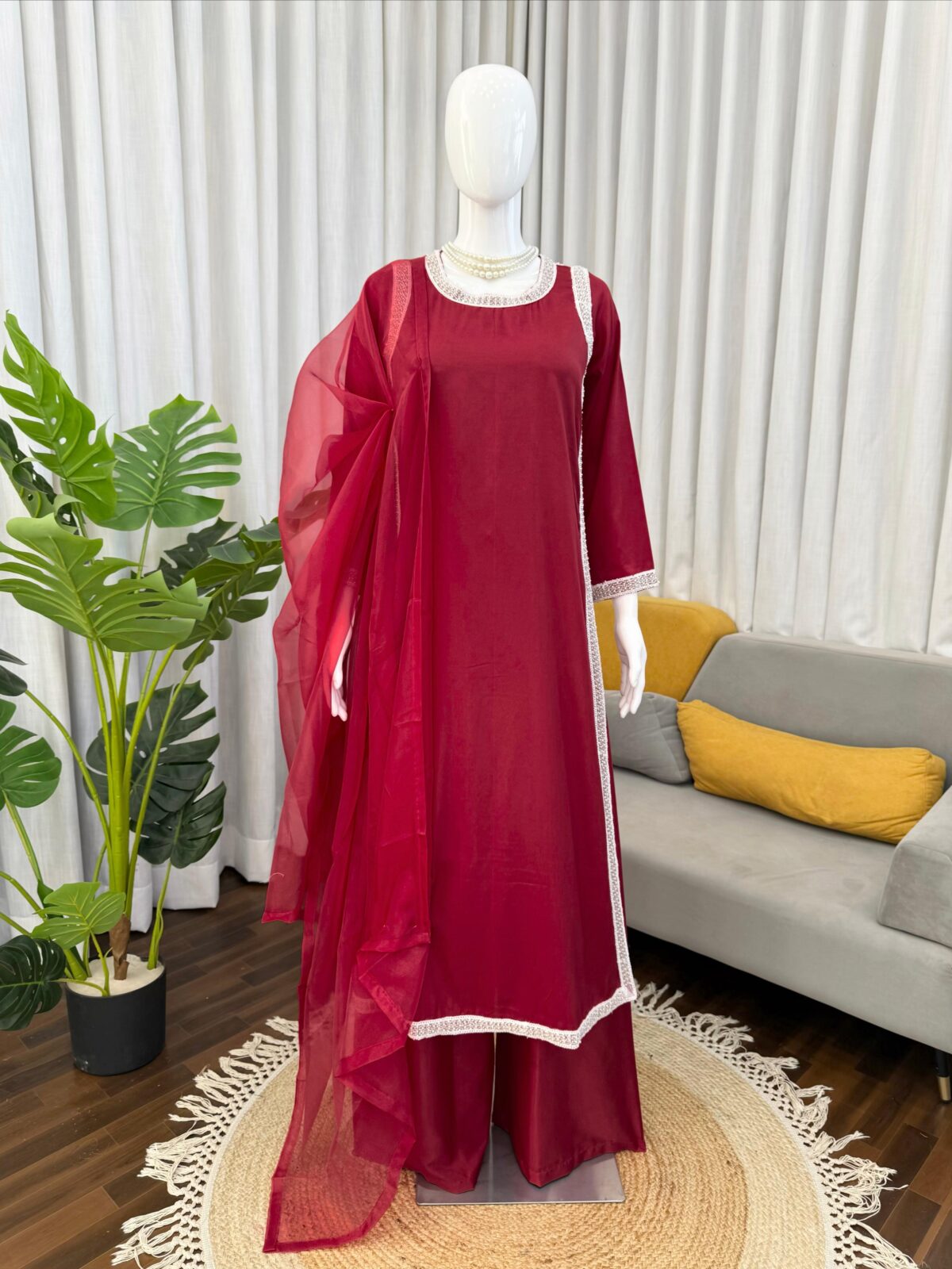 Maroon Color Natural Crepe Fabric Bead Work Lace Border Work Palazzo Suit