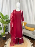 Maroon Color Natural Crepe Fabric Bead Work Lace Border Work Palazzo Suit