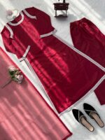 Maroon Color Natural Crepe Fabric Bead Work Lace Border Work Palazzo Suit