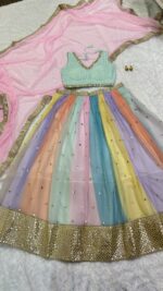 Multi Color Faux Georgette Fabric Sequence With Paper Mirror Work Lehenga