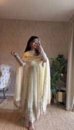 Off White Color Fendi Silk Fabric Thread With Sequence Work Anarkali Suit