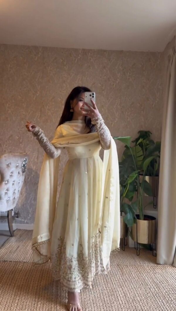 Off White Color Fendi Silk Fabric Thread With Sequence Work Anarkali Suit