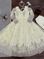 Off White Color Fendi Silk Fabric Thread With Sequence Work Anarkali Suit