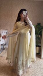 Off White Color Fendi Silk Fabric Thread With Sequence Work Anarkali Suit